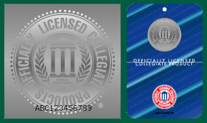 Examples of the two styles of licensing labels. Both indicate "Officially Licensed Collegiate Products" on a reflective background.